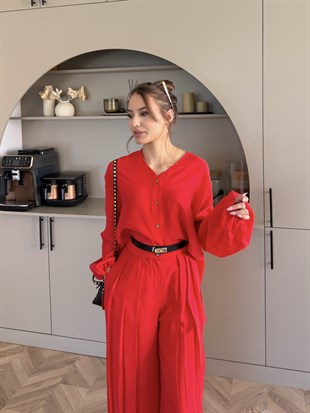 Ranua Düğme Detaylı Pantolonlu Takım Kırmızı (5815)