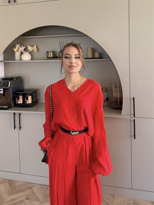 Ranua Düğme Detaylı Pantolonlu Takım Kırmızı (5815)