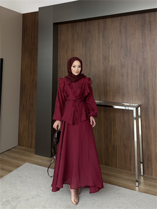 Rasha Fırfır Detaylı Etekli Takım Bordo (26007)