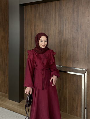 Rasha Fırfır Detaylı Etekli Takım Bordo (26007)