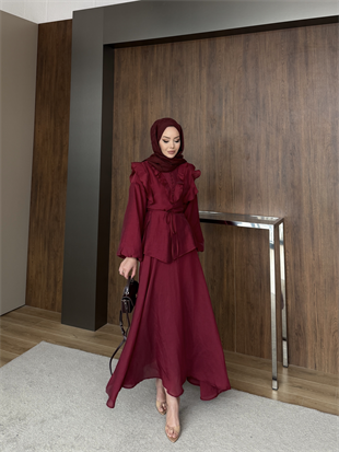 Rasha Fırfır Detaylı Etekli Takım Bordo (26007)