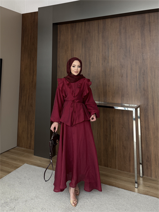 Rasha Fırfır Detaylı Etekli Takım Bordo (26007)