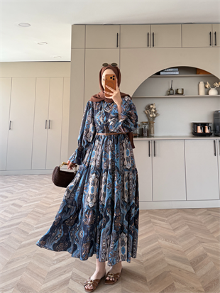 Remy Otantik Desen Elbise Saks Mavisi (1829)