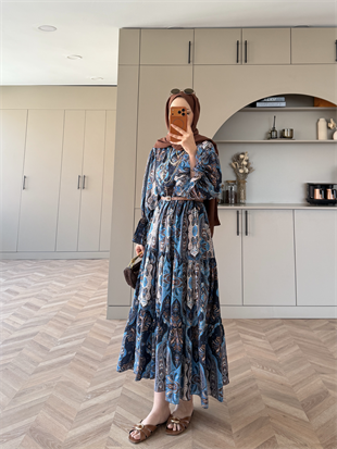 Remy Otantik Desen Elbise Saks Mavisi (1829)