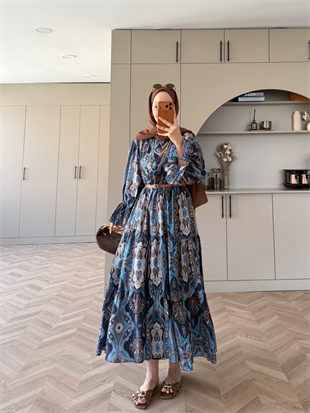 Remy Otantik Desen Elbise Saks Mavisi (1829)