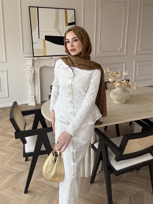 Retro Dantelli Elbise Beyaz (5766)