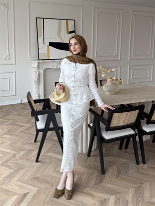 Retro Dantelli Elbise Beyaz (5766)