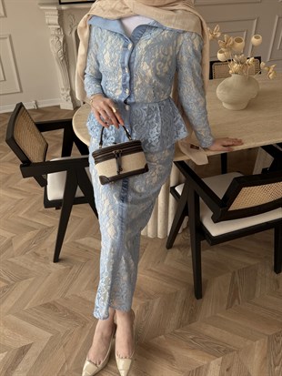 Retro Dantelli Elbise Mavi (5766)