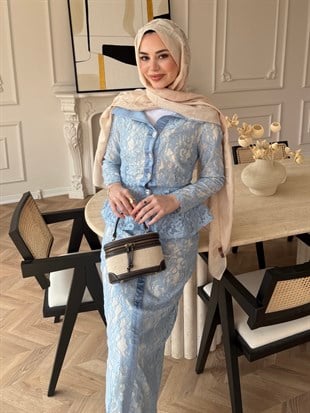 Retro Dantelli Elbise Mavi (5766)