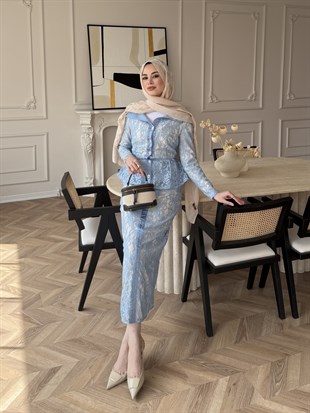 Retro Dantelli Elbise Mavi (5766)