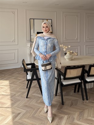 Retro Dantelli Elbise Mavi (5766)