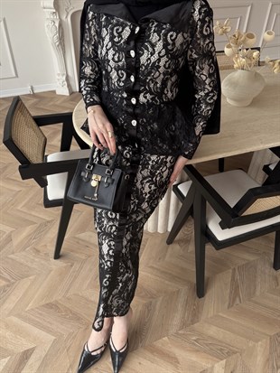 Retro Dantelli Elbise Siyah (5766)