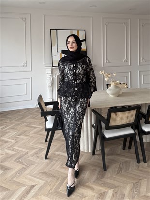 Retro Dantelli Elbise Siyah (5766)