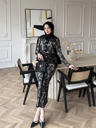 Retro Dantelli Elbise Siyah (5766)