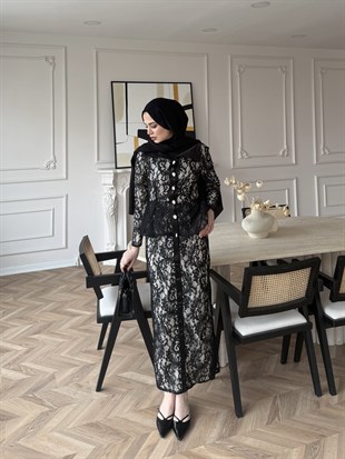 Retro Dantelli Elbise Siyah (5766)
