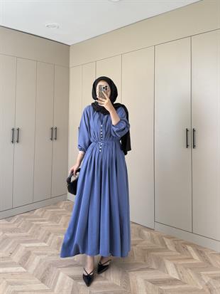 Retro Nervüllü Elbise İndigo