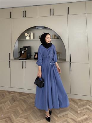 Retro Nervüllü Elbise İndigo