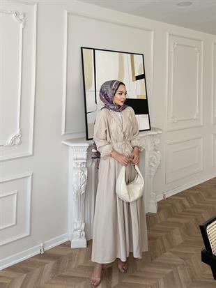 Retro Nervürlü Elbise Bej