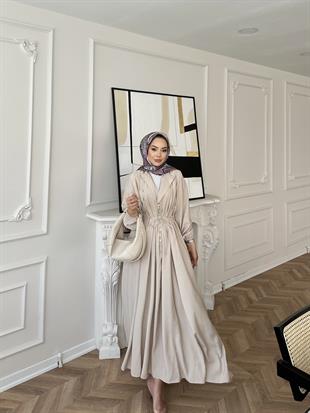 Retro Nervürlü Elbise Bej