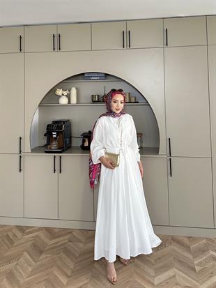 Retro Nervürlü Elbise Ekru