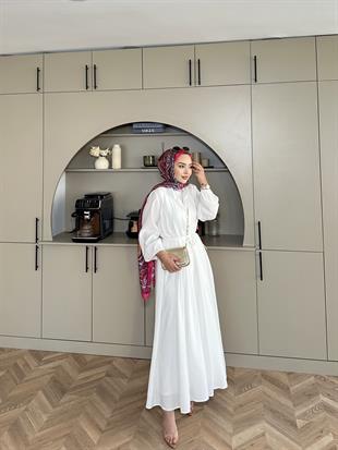 Retro Nervürlü Elbise Ekru