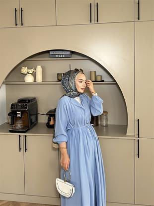 Retro Nervürlü Elbise Mavi