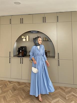 Retro Nervürlü Elbise Mavi