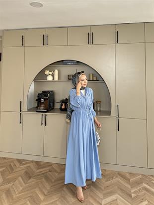 Retro Nervürlü Elbise Mavi