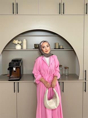 Retro Nervürlü Elbise Pembe