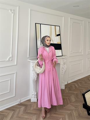 Retro Nervürlü Elbise Pembe