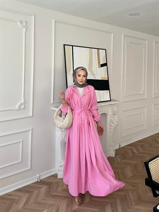 Retro Nervürlü Elbise Pembe