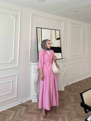 Retro Nervürlü Elbise Pembe