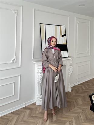  Retro Nervürlü Elbise Vizon