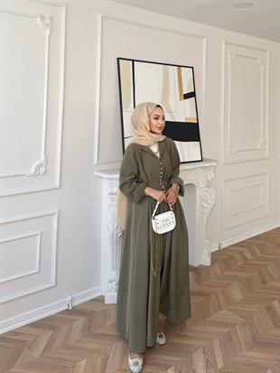 Retro Nervürlü Elbise Yağ Yeşili