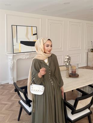 Retro Nervürlü Elbise Yağ Yeşili