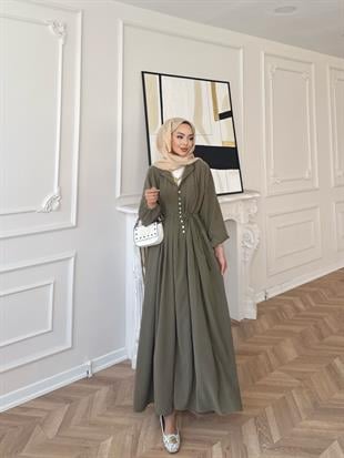 Retro Nervürlü Elbise Yağ Yeşili