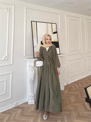 Retro Nervürlü Elbise Yağ Yeşili