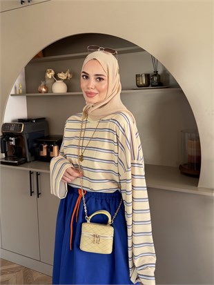Ribana Yaka Yatay Çizgili Sweat Butteryellow (7020)