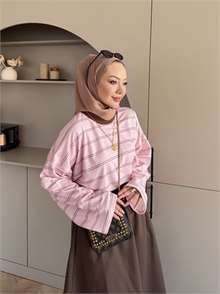 Ribana Yaka Yatay Çizgili Sweat Pembe (7020)
