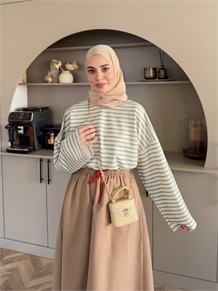Ribana Yaka Yatay Çizgili Sweat Yeşil (7020)