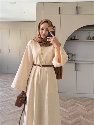(ÖNSİPARİŞ) 15 iş günü sonra kargolanacaktır Rima Keten Elbise Bej (4527)