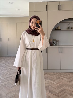 (ÖNSİPARİŞ) 15 iş günü sonra kargolanacaktır Rima Keten Elbise Beyaz (4527)