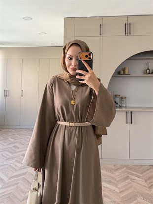 (ÖNSİPARİŞ) 15 iş günü sonra kargolanacaktır Rima Keten Elbise Vizon (4527)