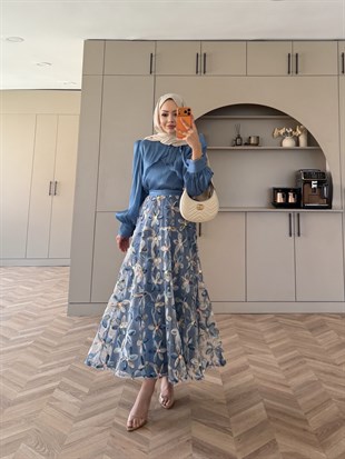 Riviera Çiçek Baskılı Etekli Takım Mavi (5790)