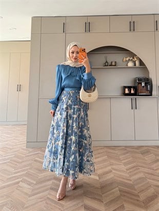Riviera Çiçek Baskılı Etekli Takım Mavi (5790)