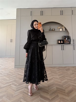 Riviera Çiçek Baskılı Etekli Takım Siyah (5790)
