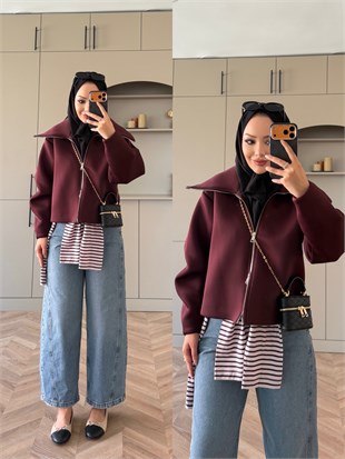 Romia Fermuarlı Scuba Ceket Bordo (4060)