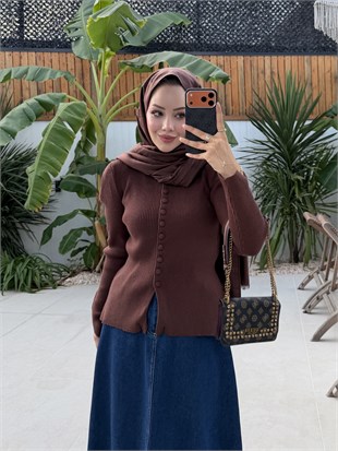 Rona Düğmeli Triko Hırka Kahve  (507)
