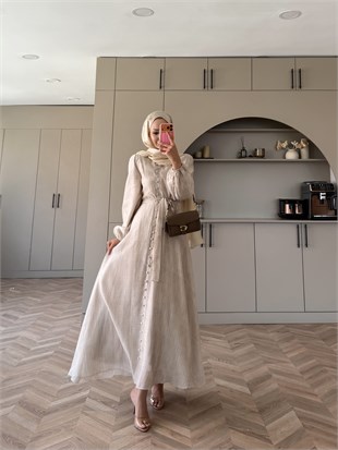 Rosef Düğmeli Elbise Bej (4531)