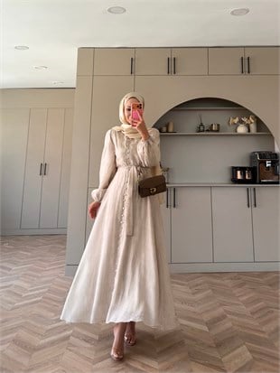 Rosef Düğmeli Elbise Bej (4531)